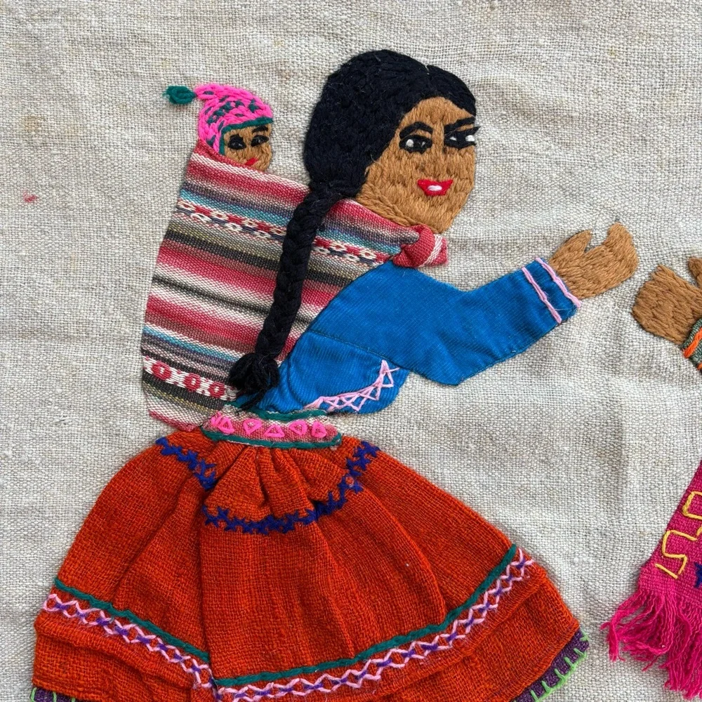 Chile/Peru Embroidered Weaving Textile Tapestry Man and Woman with Baby Dancing